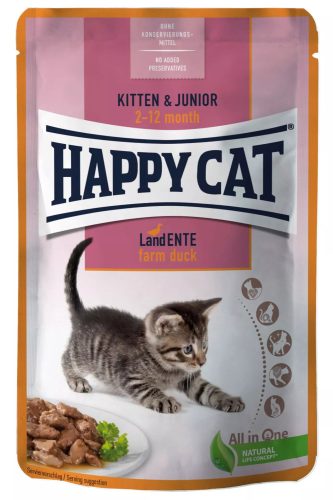 Happy Cat Pouch Kitten & Junuior alutasakos macskaeledel kölyökmacskák részére 85 g kacsahússal