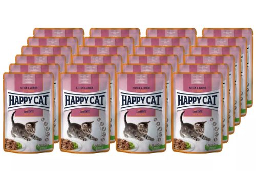Happy Cat Pouch Kitten & Junuior alutasakos macskaeledel kölyökmacskák részére 24 X 85 g kacsahússal