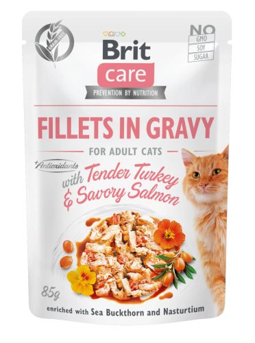 Brit Care Cat Filets in Gravy alutasakos macskaeledel felnőtt macskák részére 85 g pulyka lazachússal