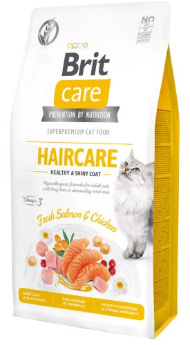 Brit Care Cat Grain Free szőrtápláló száraz macskaeledel felnőtt macskák részére 400 g lazaccal, csirkehússal