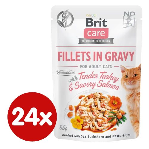 Brit Care Cat Filets in Gravy alutasakos macskaeledel felnőtt macskák részére 24 x 85 g pulyka lazachússal