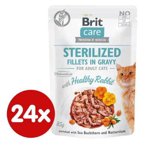 Brit Care Cat Sterilised Filets in Gravy alutasakos macskaeledel felnőtt ivartalanított macskák részére 24 x 85 g nyúlhússal