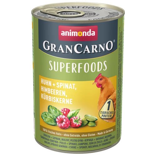 Animonda GranCarno Adult Superfoods konzerv - felnőtt kutyák részére, csirke, spenót, málna, tökmag 400 g 