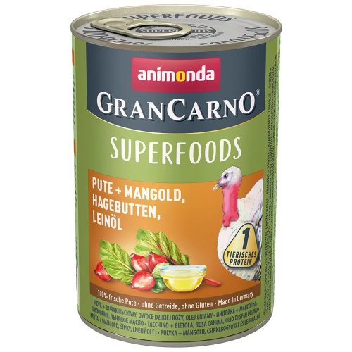 Animonda GranCarno Adult Superfoods konzerv - felnőtt kutyák részére, pulyka, mángold, csipkebogyó, lenmagolaj 400 g